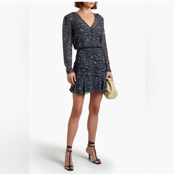 Veronica Beard 100% Silk Floral Long Sleeve Ruched Mini Dress Size 6 Party Blue - Picture 3 of 14